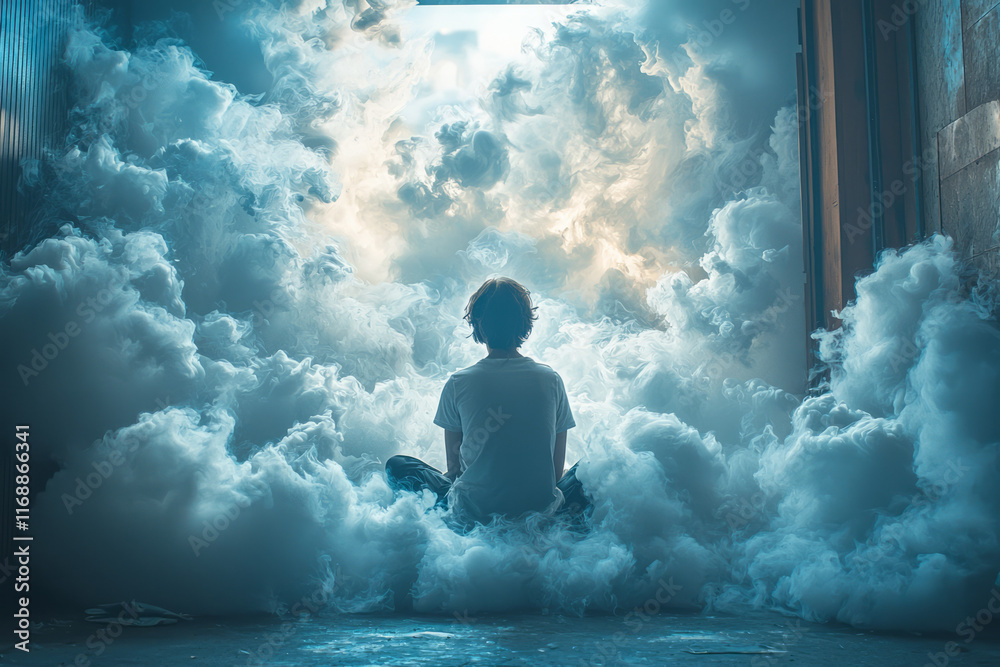 Poster a surreal image of tasks turning into clouds, floating away from the person,
