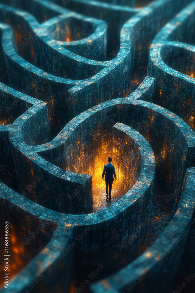 Poster An abstract maze with tasks at the center and a person stuck at the edge,