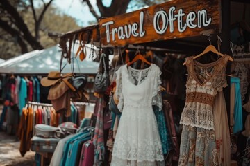 Fototapeta premium Vibrant flea market showcase outdoor shopping event fashion finds nature setting wide-angle view travel inspiration