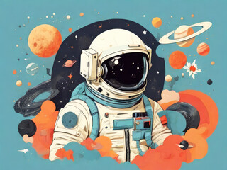 astronaut, cosmonautics day, illustration collage in calm pastel color