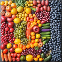 Vibrant Assortment of Fresh Fruits and Vegetables Artfully Arranged in a Colorful Layout Ideal for Healthy Living and Culinary Promotions