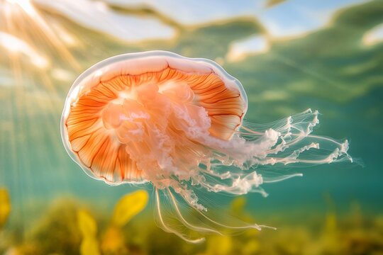 A beautiful moon jellyfish hovering in a calm underwater scene, its delicate structure softly illuminated