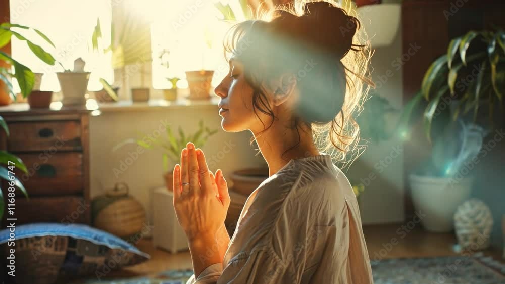 Poster A woman with a serene expression practices meditation in a cozy home filled with greenery. Soft light filters through the window, creating a calm atmosphere for mindfulness and relaxation.