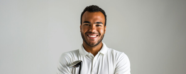 Obraz premium A mature black African man, aged 40-60, shows a calm and composed demeanor, with a warm smile that captures his thoughtful introspection and rich life experiences.