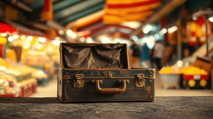 A weathered vintage suitcase rests on a rustic surface, a blurred market scene in the background suggesting a journey of discovery and adventure.