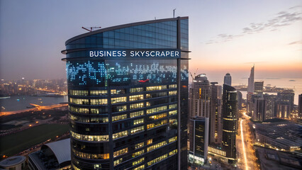 Big data visualization on the background of skyscrapers. Business and finance concept.