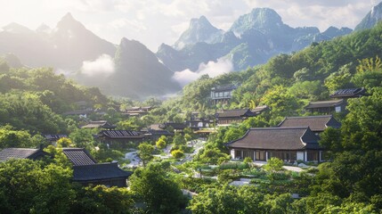 Futuristic Harmony: Solar Arrays Amid Traditional Chinese Courtyard Homes in Panoramic Valley Cinematic Image