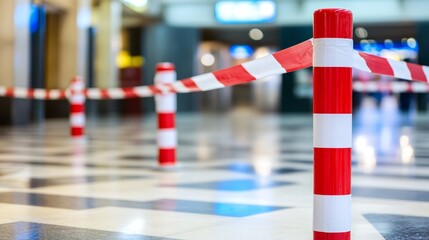 Obraz premium Red and white warning barrier tape blocking entry at a subway station in an airport, with red and white lines of the tape acting as a safety precaution for no entry and security measures