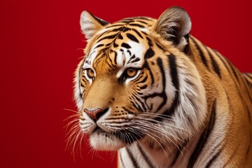 Fototapeta premium there is a tiger that is standing in front of a red background