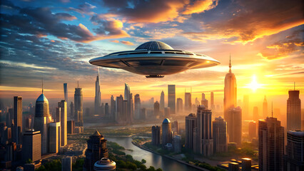 Futuristic flying saucer over the city. Concept of Science Fiction Day