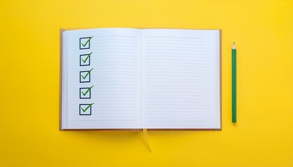 A blank notebook with a checklist being filled in and the last box being checked
