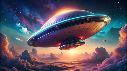 UFO flying in the sky. Fantasy landscape. Concept of Science Fiction Day