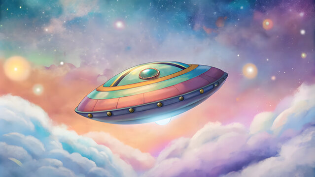 UFO flying in the sky with clouds. Colorful illustration. Concept of Science Fiction Day