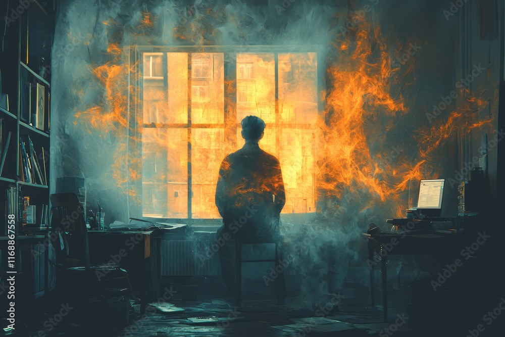 Poster a shadowy figure of procrastination dissolving into light as the person starts working,
