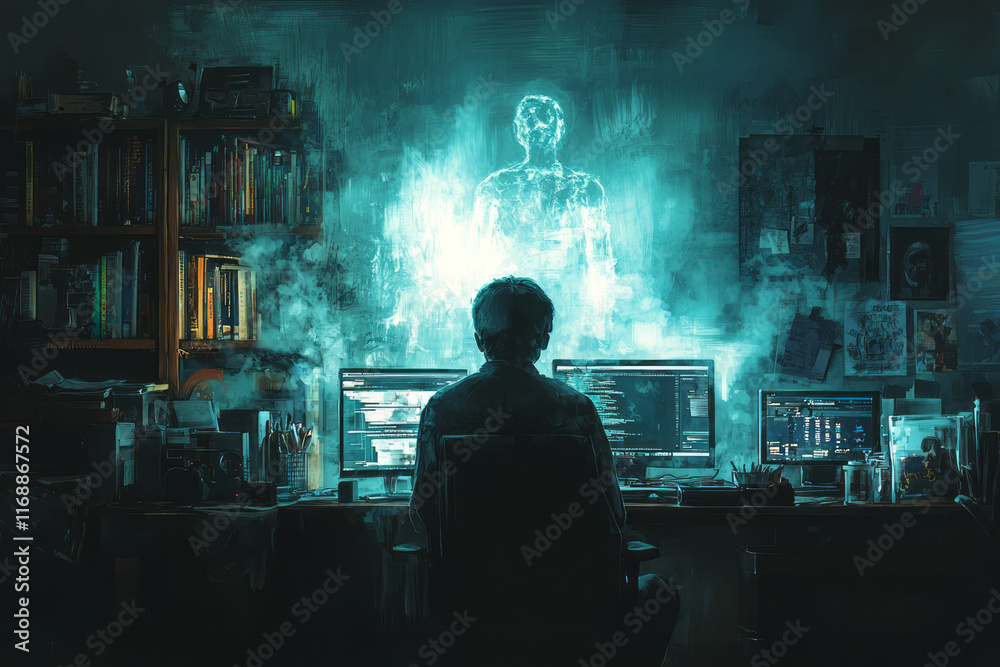 Aufkleber a shadowy figure of procrastination dissolving into light as the person starts working,