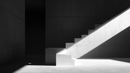 A staircase is shown in a dark room with a box in front of it