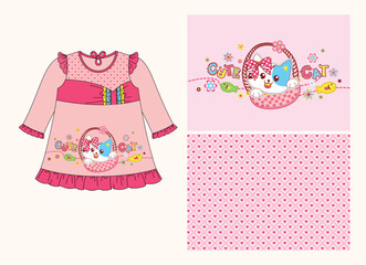 dress with geber cut model featuring onde motifs, floral patterns, and cute cartoon images
