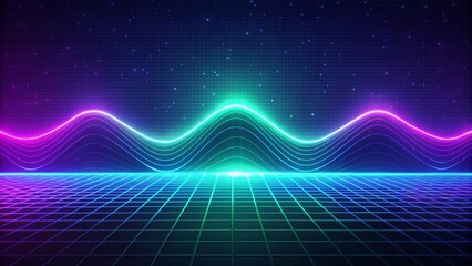 Create a minimalist background with electric wave patterns. Use neon blue, purple, and green over a dark gradient base, enhanced with noise for a futuristic feel.