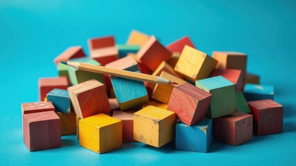 Obraz premium A colorful pile of wooden blocks and a pencil on a blue background, representing creativity and learning