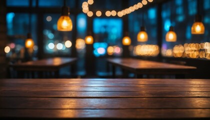 A detailed view of a wooden tabletop with a softly blurred bokeh backdrop, illuminated by vibrant neon lights in a dimly lit interior, evoking a nighttime atmosphere