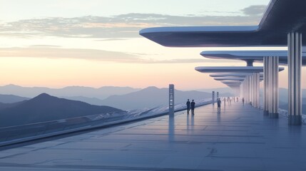 Exploring the Futuristic Urban Landscape: People Walking on Elevated Path with Digital Kiosks in China, Silhouetted Mountains at Horizon Cinematic Scene