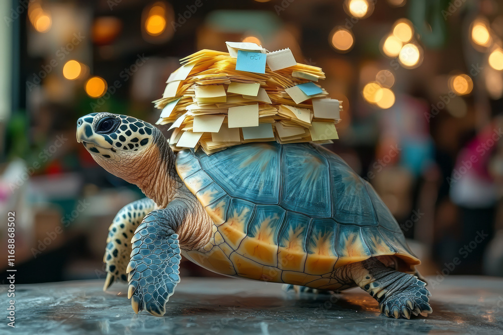 Aufkleber a turtle carrying a pile of sticky notes, symbolizing slow progress,