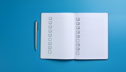 A blank notebook with a checklist being filled in and the last box being checked