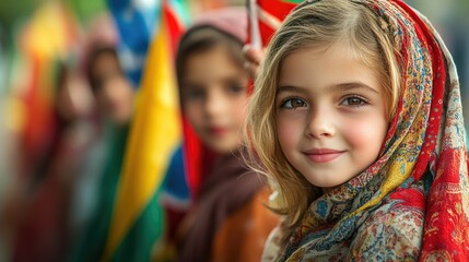 Fototapeta premium Portrait of a smiling girl wearing a headscarf, with blurred flags and children in the background.