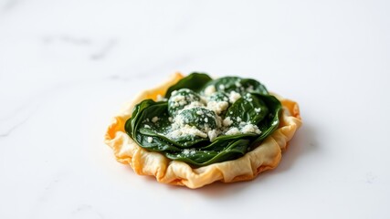 A delectable spinach and cheese pastry, baked to golden perfection, sits on a pristine white surface.