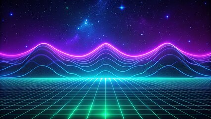 Create a minimalist background with electric wave patterns. Use neon blue, purple, and green over a dark gradient base, enhanced with noise for a futuristic feel.