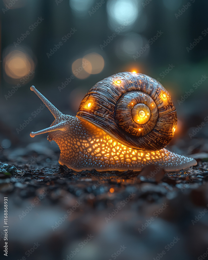 Poster a snail with a glowing laptop on its shell, symbolizing slow work,