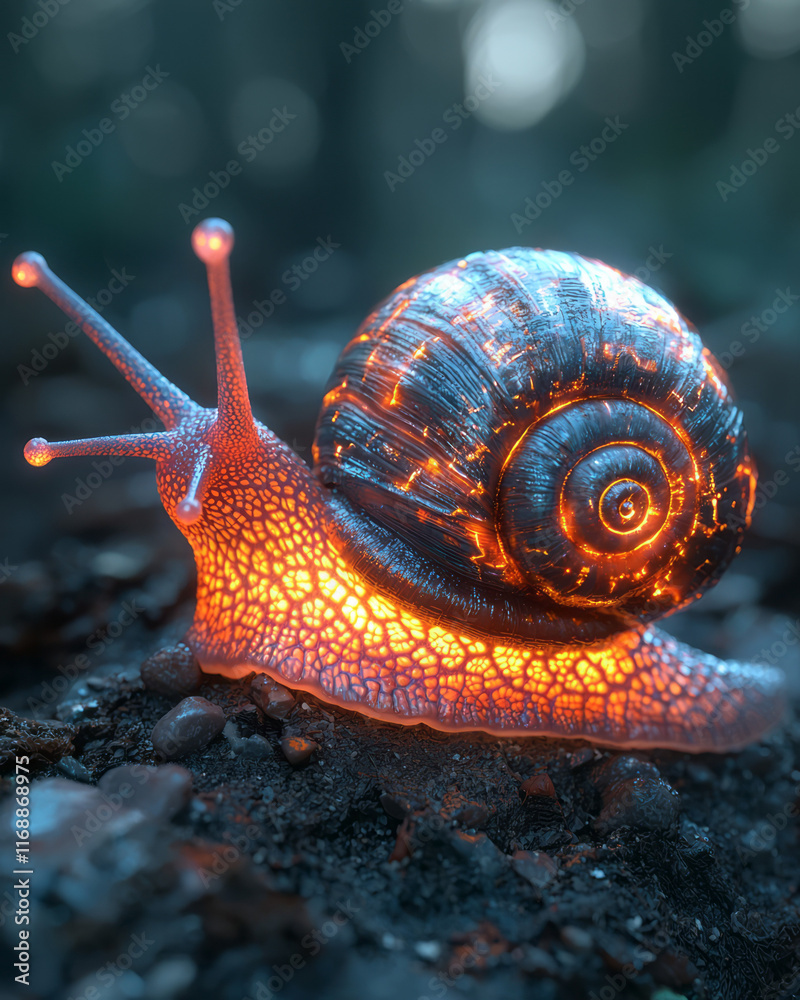 Poster a snail with a glowing laptop on its shell, symbolizing slow work,