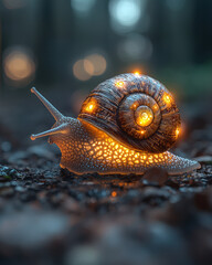 A snail with a glowing laptop on its shell, symbolizing slow work,