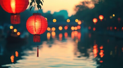 Obraz premium Elegant Red Lanterns Floating on Tranquil Waters