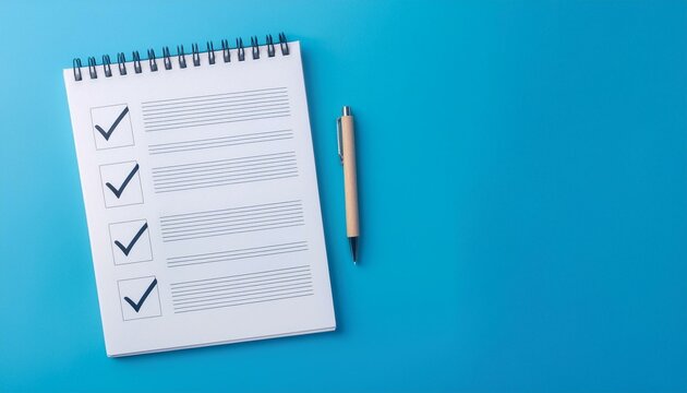 A blank notebook with a checklist being filled in and the last box being checked