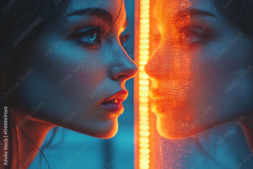 Poster A person looking at a glowing mirror reflecting their future self completing tasks,
