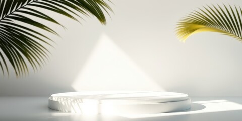Fototapeta premium Minimalist White Product Display Platform with Palm Fronds and Sunlight