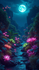 Vibrant Alien Garden Filled with Bioluminescent Plants of Varied Shapes, Sizes, and Colors – Phone Wallpaper HD