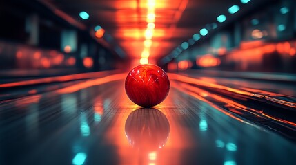 Red Bowling Ball on a Luminous Alley Lane