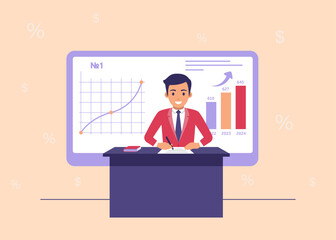 Analyst or TV presenter conducts economic analysis of changes. Economic growth. Productivity. Vector illustrations. Flat design