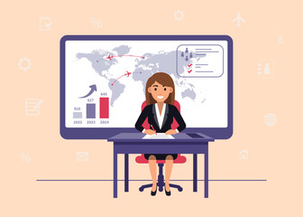 Female analyst or TV presenter conducts economic analysis of changes. Tourism industry. Productivity. Vector illustrations. Flat design