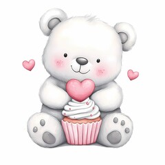 Valentine teddy bear watercolor. Cute bear holding a cupcake with hearts, perfect for children's themes.