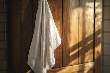 Close-up of a white towel hanging on a wooden cabinet, in a bathroom with warm lighting.