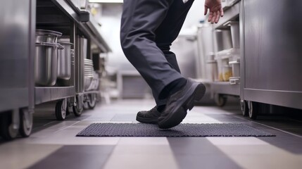 Food service worker tripping on floor mat in commercial kitchen, highlighting workplace safety risks, hazard awareness, and accident prevention for reducing injuries in professional environments