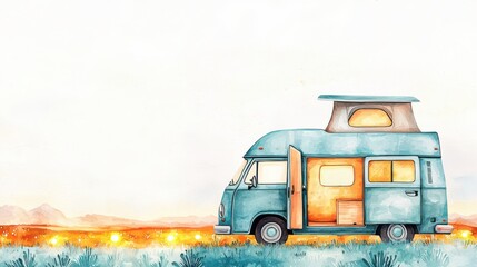 Watercolor Scene of a Cozy Camper Van