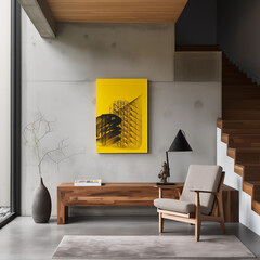 Modern Living Room Interior Yellow Abstract Art Wooden Chair  Console