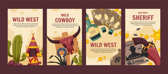 Obraz premium Hand drawn wild west vertical cards template set with cowboy elements