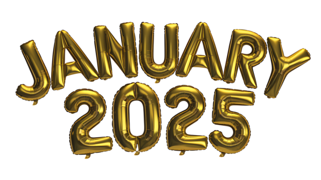 Golden Balloon Text January 2025 Isolated on Transparent Background, 3D Golden Balloon Text for January 2025