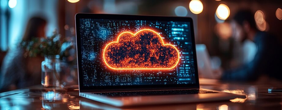 A modern business meeting illustration with a cloud technology icon situated above a conference table surrounded by laptops, charts, and documents - Powered by Adobe