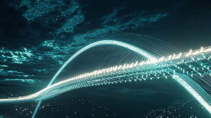 Futuristic China: Illuminated Bridge Arching Over Gorge with Swirling Calligraphy Lights in Night Sky